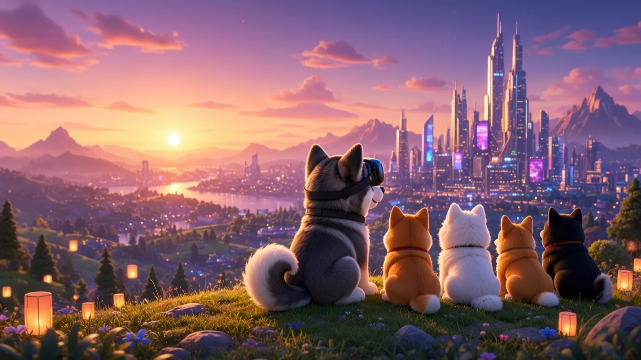 The Pharm Labs pack watching a sunset over a futuristic city
